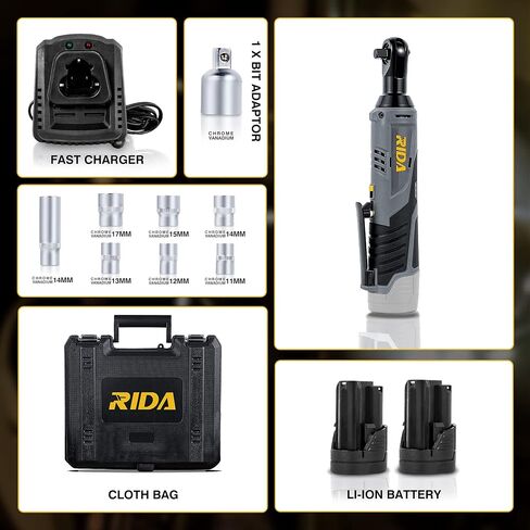 RIDA 12V Cordless Ratchet Wrench Set, Electric Ratchet Wrench Tool Kit 3/8 inch 40Ft-lbs 400 RPM w/2 * 2.0Ah Li-Ion Battery and 60-Min Fast Charger, Variable Speed Trigger 8 Sockets LED Light in Saudi Arabia