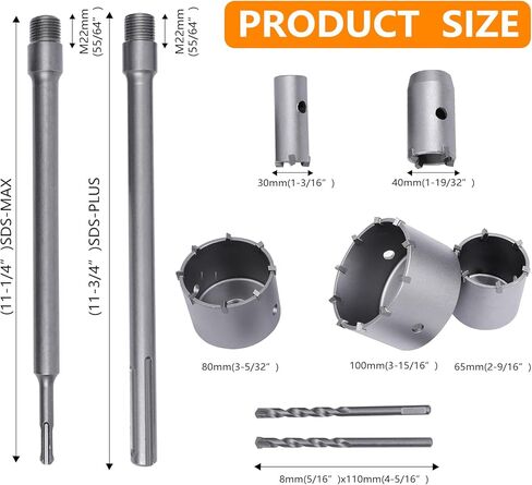 REETAI-FOUR 6Pcs SDS Plus Concrete Hole Saw Kits,Tungsten Carbide Wall Hole Cutter Cement Stone Drill Bit Sets with Connecting Rod for Brick Stone Concrete Cement. in Kuwait