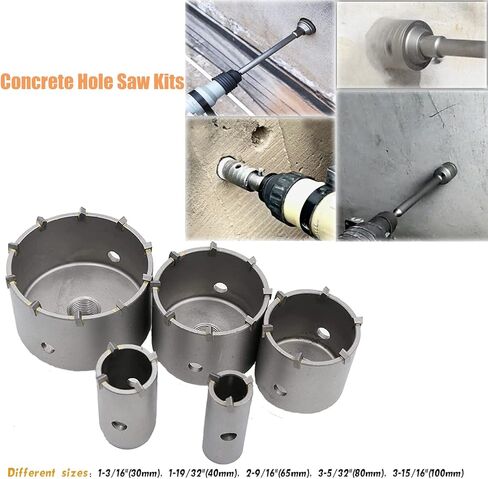 REETAI-FOUR 6Pcs SDS Plus Concrete Hole Saw Kits,Tungsten Carbide Wall Hole Cutter Cement Stone Drill Bit Sets with Connecting Rod for Brick Stone Concrete Cement. in Kuwait