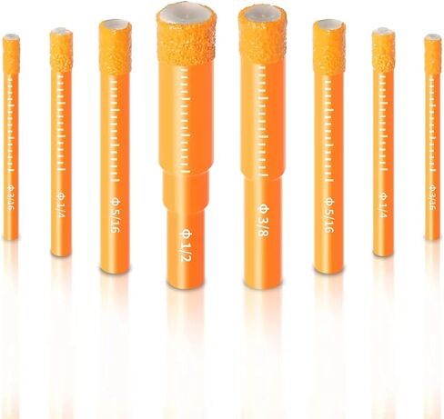 مجموعة لقم مثقاب الماس الجاف، 8 قطع منشار ثقب للجرانيت والسيراميك/البلاط والرخام والبناء والحجر والزجاج والبلاستيك الصلب (ليس للخشب)، ساق مستديرة 3/16 بوصة 1/4 بوصة 5/16 بوصة 3/8 بوصة 1/2 بوصة (8 قطع قطع ماسية) in Kuwait