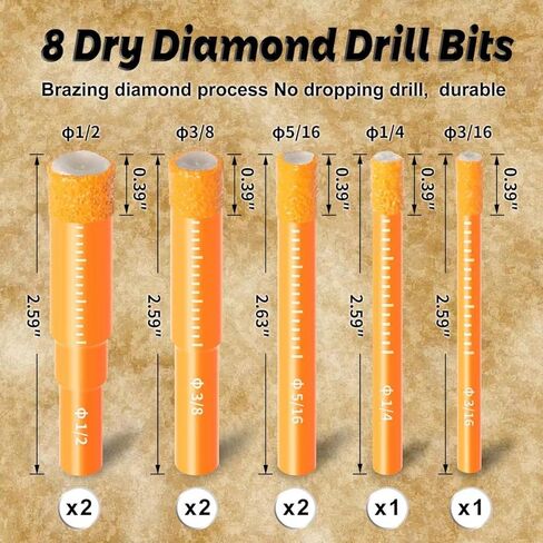 مجموعة لقم مثقاب الماس الجاف، 8 قطع منشار ثقب للجرانيت والسيراميك/البلاط والرخام والبناء والحجر والزجاج والبلاستيك الصلب (ليس للخشب)، ساق مستديرة 3/16 بوصة 1/4 بوصة 5/16 بوصة 3/8 بوصة 1/2 بوصة (8 قطع قطع ماسية) in Kuwait