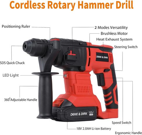 DEKE&DIRK Cordless Brushless Rotary Hammer Drill 18V SDS Plus Hammer Drill with 2PCS Rechargeable 2Ah Lithium-Ion Battery, 18mm Power Hammer Drills for Concrete Rock Wood in Kuwait