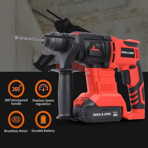 DEKE&DIRK Cordless Brushless Rotary Hammer Drill 18V SDS Plus Hammer Drill with 2PCS Rechargeable 2Ah Lithium-Ion Battery, 18mm Power Hammer Drills for Concrete Rock Wood in Kuwait