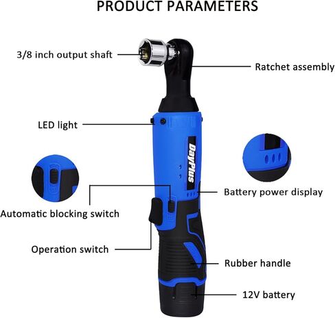 مجموعة أدوات مفتاح ربط السقاطة الكهربائية اللاسلكية 12 فولت، رأس مربع 3/8 بوصة، مع ضوء عمل LED، × 7 مكونات أكمام قابلة للاستبدال، لصيانة خطوط الأنابيب، وبناء المسرح (بطاريتان) in Kuwait