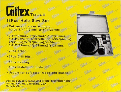 طقم منشار ثقب 3/4 بوصة - 5 بوصة من CUTTEX TOOLS (19 مم - 127 مم)، طقم منشار ثقب كامل 18 قطعة، نطاق كامل (منشار 12 ثقب) + جميع الملحقات و2 لقمة ثقب إضافية، فولاذ كربوني ممتاز A3 مع مساحة تخزين ممتازة صندوق in Kuwait