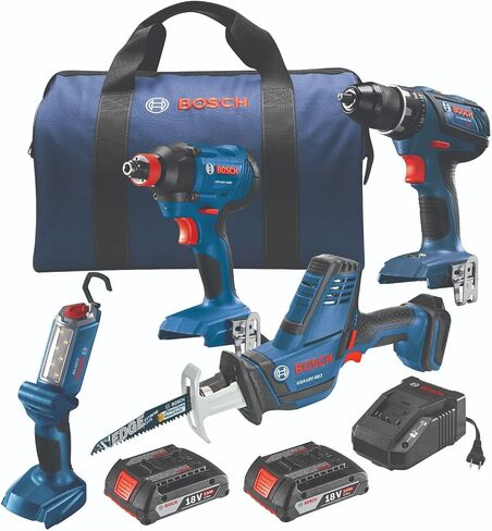 BOSCH GXL18V-496B22 18V 4-Tool Combo Kit with Compact Tough 1/2 In. Drill/Driver, Two-In-One 1/4 In. and 1/2 In. Bit/Socket Impact Driver, Compact Reciprocating Saw, LED Worklight and 2 Ah Batteries in Saudi Arabia