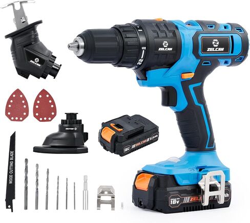 مجموعة ادوات كهربائية ماكس باور 18 فولت من زيلكان، مجموعة مثقاب لاسلكي من 3 ادوات مع بطاريتين وشاحن مجموعة ادوات كهربائية مدمجة مع مثقاب مطرقي ومنشار ترددي وملحقات صنفرة للماوس لتحسين المنزل in Kuwait