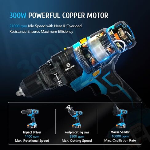 مجموعة ادوات كهربائية ماكس باور 18 فولت من زيلكان، مجموعة مثقاب لاسلكي من 3 ادوات مع بطاريتين وشاحن مجموعة ادوات كهربائية مدمجة مع مثقاب مطرقي ومنشار ترددي وملحقات صنفرة للماوس لتحسين المنزل in Kuwait