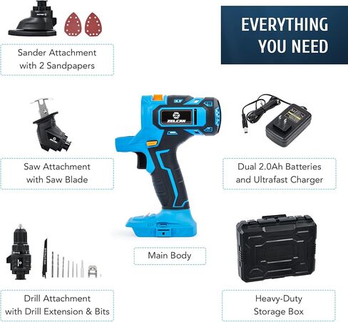 مجموعة ادوات كهربائية ماكس باور 18 فولت من زيلكان، مجموعة مثقاب لاسلكي من 3 ادوات مع بطاريتين وشاحن مجموعة ادوات كهربائية مدمجة مع مثقاب مطرقي ومنشار ترددي وملحقات صنفرة للماوس لتحسين المنزل in Kuwait