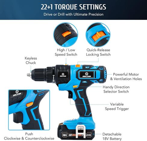 مجموعة ادوات كهربائية ماكس باور 18 فولت من زيلكان، مجموعة مثقاب لاسلكي من 3 ادوات مع بطاريتين وشاحن مجموعة ادوات كهربائية مدمجة مع مثقاب مطرقي ومنشار ترددي وملحقات صنفرة للماوس لتحسين المنزل in Kuwait