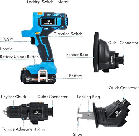 مجموعة ادوات كهربائية ماكس باور 18 فولت من زيلكان، مجموعة مثقاب لاسلكي من 3 ادوات مع بطاريتين وشاحن مجموعة ادوات كهربائية مدمجة مع مثقاب مطرقي ومنشار ترددي وملحقات صنفرة للماوس لتحسين المنزل in Kuwait