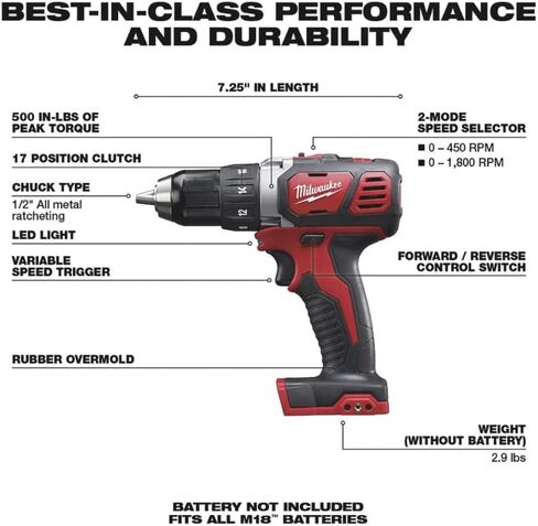 Milwaukee M18 Li-Ion Cordless Compact Electric Drill Driver — Tool Only, 1/2in. Keyless Chuck, 500 In./Lbs. Torque, 1800 RPM in Saudi Arabia
