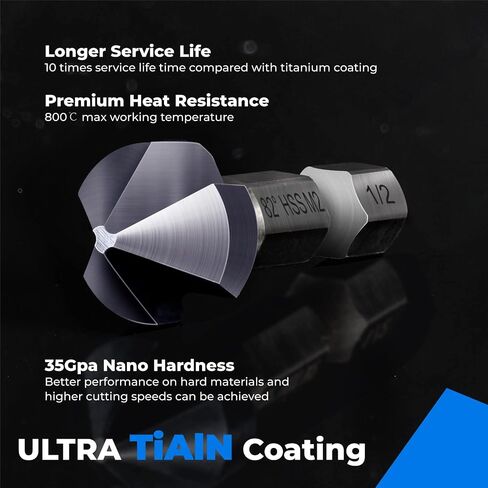 amoolo Three Flute Countersink Bit, M2 Steel Countersink Drill Bit with TiAlN Coating Finish for Soft Metal and Wood, 82 Degree Point Angle, 1/4" Hex Shank, 1/2" Body Diameter in Saudi Arabia