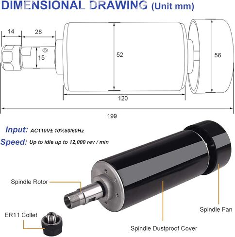 عمود دوران CNC، محرك طحن مبرد بالهواء MYSWEETY بقدرة 500 وات 0.5 كيلو وات ومحول طاقة سرعة المغزل ومشبك 52 مم و13 قطعة كوليت ER11 للنقش بنفسك in Kuwait