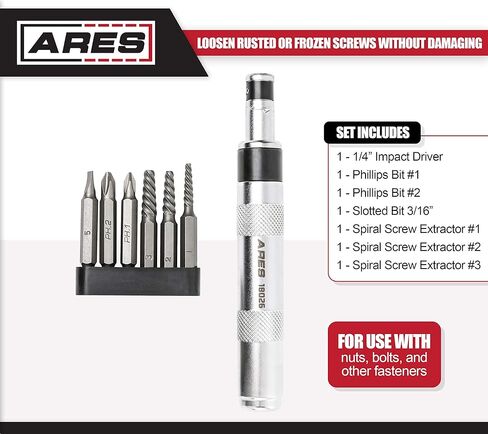 محرك ARES 18026-1/4 بوصة محرك يدوي ذو تأثير عكسي - يشتمل على مجموعة رؤوس مستخرجة ذات رأس مسطح وفيليبس وحلزونية مكونة من 6 قطع - فك السحابات الصدئة أو البراغي المجمدة - تصميم مضغوط in Kuwait