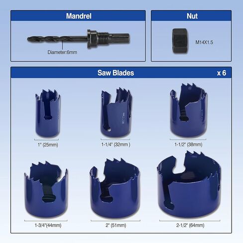 طقم منشار ثقب الخشب 7 قطع من كاتا مع 1 بوصة - 2-1/2 بوصة (25-64 مم) 6 شفرات منشار ثقب، 1 قطعة مثقاب، مثالية للخشب الناعم، الخشب الرقائقي، الحوائط الجافة، PVC in Kuwait