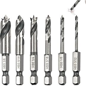 Sweetone 6 Pcs Brad Point Drill Bit Set1/4" Quick Change Hex Shank, HSS 4241 High Speed Steel Stubby Drill Bit Set for Metal/Aluminum Iron/Sheet Copper/Wood Woodworking in Kuwait