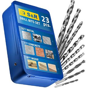 S&R طقم لقم مثقاب للخرسانة المعدنية 23 قطعة. متعددة الوظائف: 10 مثاقب معدنية HSS M2 فولاذ / 7 مثاقب خرسانة / 6 مثاقب / لقم خشبية في صندوق معدني متعدد الأغراض in Kuwait