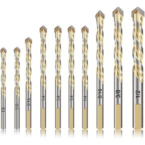 10 قطع من ريش البناء مجموعة لقطع الحفر الزجاجية لبلاط السيراميك والبورسلين مرآة البلاستيك الرخام مع رؤوس كربيد القوة بأحجام - 1/8، 5/32، 3/16، 1/4، 5/16، 3/8، 1/2 بوصة، ذهبي in Kuwait