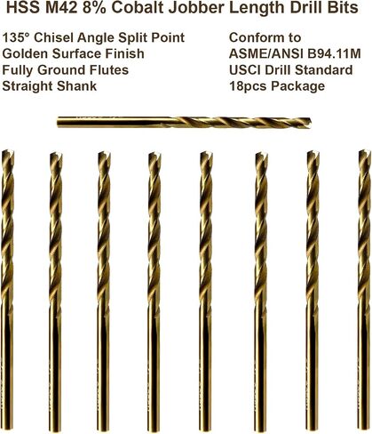 MAXTOOL 1/8" 18PCs Identical Cobalt Jobber Length Drill Bits HSS M42 Twist Drill Bits Fully Ground Golden Straight Shank Drills; JBF42G10R08E18 in Saudi Arabia