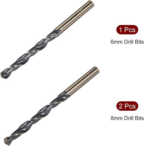 uxcell Drill Bits Set, Titanium Nitride Coated High Speed Steel 4341 Straight Round Shank Drilling Cutter for Stainless Steel Alloy Copper, (1pcs of 6mm, 2pcs of 8mm) in Kuwait