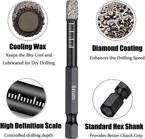 Saipe 5pcs 6mm لقم الثقب الماسي الجاف مجموعة عرافة عرقوب الأساسية مثقاب الماس ثقب المنشار عدة للجرانيت بلاط البورسلين والرخام السيراميك (وليس للخشب) in Kuwait