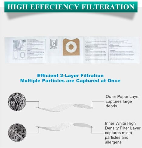 12 حزمة 23738 موديل VF3501 أكياس جمع الغبار متوافقة مع Ridgid/Workshop 3 إلى 4.5 جالون مكنسة جافة ورطبة، استبدال الجزء # 23738 VF3501 WS32045F، الحجم C in Kuwait