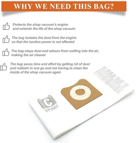 12 حزمة 23738 موديل VF3501 أكياس جمع الغبار متوافقة مع Ridgid/Workshop 3 إلى 4.5 جالون مكنسة جافة ورطبة، استبدال الجزء # 23738 VF3501 WS32045F، الحجم C in Kuwait