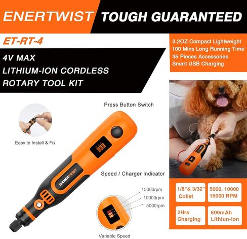 مجموعة أدوات دوارة لاسلكية Enertwist 4V Max، مثقاب صغير يعمل ببطارية ليثيوم أيون 3 سرعات مع ملحقات 35 قطعة، كابل شحن USB، مقاس كوليت 3/32 بوصة - مثالي للمهام الخفيفة الصغيرة، ET-RT-4 in Kuwait