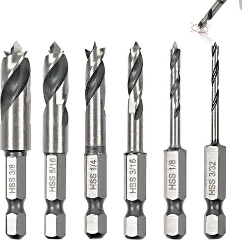 Sweetone 6 Pcs Brad Point Drill Bit Set1/4" Quick Change Hex Shank, HSS 4241 High Speed Steel Stubby Drill Bit Set for Metal/Aluminum Iron/Sheet Copper/Wood Woodworking in Kuwait