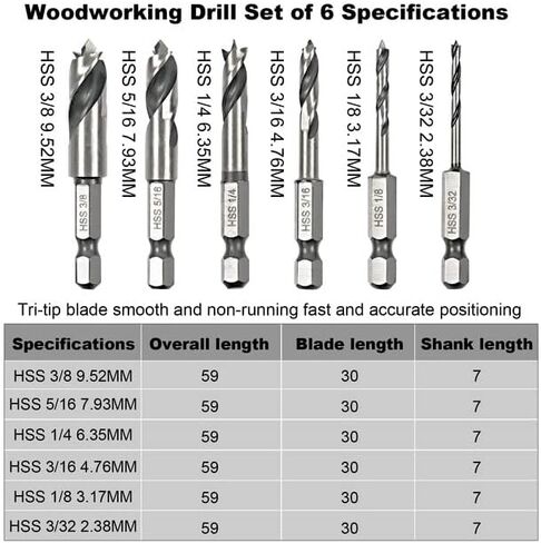 Sweetone 6 Pcs Brad Point Drill Bit Set1/4" Quick Change Hex Shank, HSS 4241 High Speed Steel Stubby Drill Bit Set for Metal/Aluminum Iron/Sheet Copper/Wood Woodworking in Kuwait