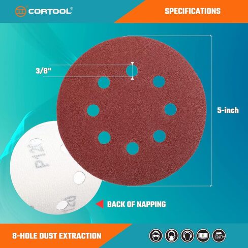 مجموعة أقراص الصنفرة 150 قطعة من CORTOOL، ورق صنفرة 5 بوصات 8 فتحات، 10 درجات تتضمن 60، 80، 100، 120، 150، 180، 240، 320، 400، 600 حبيبة لصنفرة مدارية عشوائية مع وسادة دعم بخطاف وحلقة مقاس 5 بوصات in Kuwait