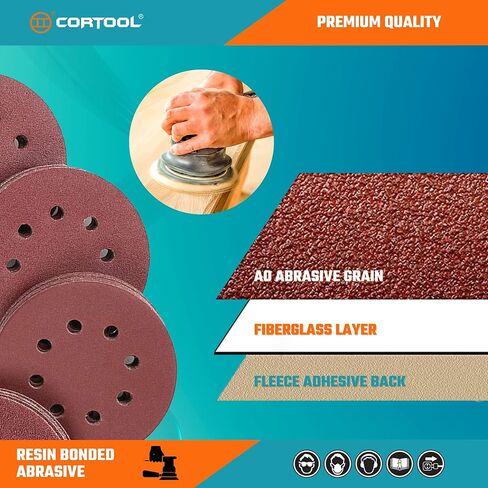 مجموعة أقراص الصنفرة 150 قطعة من CORTOOL، ورق صنفرة 5 بوصات 8 فتحات، 10 درجات تتضمن 60، 80، 100، 120، 150، 180، 240، 320، 400، 600 حبيبة لصنفرة مدارية عشوائية مع وسادة دعم بخطاف وحلقة مقاس 5 بوصات in Kuwait