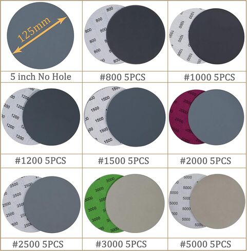 40PCS 5 inch No Hole #800-#5000 Wet Dry Sanding Discs 800 1000 1200 1500 2000 2500 3000 5000 Grit Sandpaper Compatible for Random Orbital Sanders (#800-#5000 8Kind Grit Each 5PCS) in Saudi Arabia