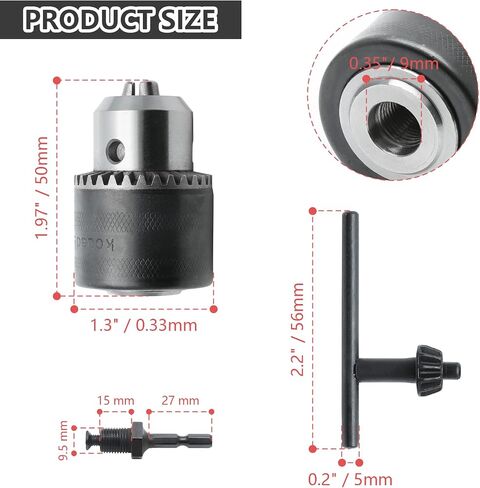1.5-13mm Capacity Key Drill Chuck 1/2", 1/2-20UNF Mount Impact Drill Driver Bits Quick Connect Conversion Adapter with 1/4" Hex Shank & Chuck Key for Impact Driver in Kuwait