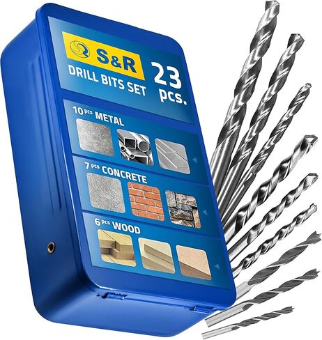 S&R طقم لقم مثقاب للخرسانة المعدنية 23 قطعة. متعددة الوظائف: 10 مثاقب معدنية HSS M2 فولاذ / 7 مثاقب خرسانة / 6 مثاقب / لقم خشبية في صندوق معدني متعدد الأغراض in Kuwait