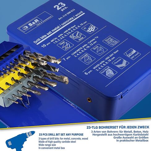 S&R طقم لقم مثقاب للخرسانة المعدنية 23 قطعة. متعددة الوظائف: 10 مثاقب معدنية HSS M2 فولاذ / 7 مثاقب خرسانة / 6 مثاقب / لقم خشبية في صندوق معدني متعدد الأغراض in Kuwait
