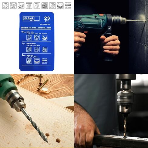 S&R طقم لقم مثقاب للخرسانة المعدنية 23 قطعة. متعددة الوظائف: 10 مثاقب معدنية HSS M2 فولاذ / 7 مثاقب خرسانة / 6 مثاقب / لقم خشبية في صندوق معدني متعدد الأغراض in Kuwait