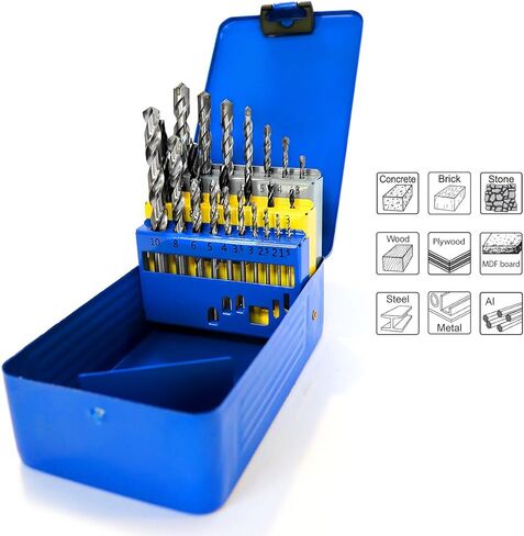 S&R طقم لقم مثقاب للخرسانة المعدنية 23 قطعة. متعددة الوظائف: 10 مثاقب معدنية HSS M2 فولاذ / 7 مثاقب خرسانة / 6 مثاقب / لقم خشبية في صندوق معدني متعدد الأغراض in Kuwait
