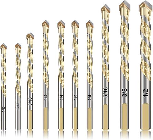 10 قطع من ريش البناء مجموعة لقطع الحفر الزجاجية لبلاط السيراميك والبورسلين مرآة البلاستيك الرخام مع رؤوس كربيد القوة بأحجام - 1/8، 5/32، 3/16، 1/4، 5/16، 3/8، 1/2 بوصة، ذهبي in Kuwait