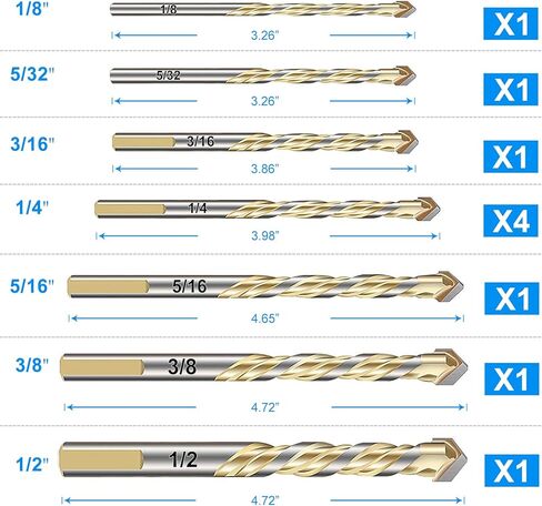 10 قطع من ريش البناء مجموعة لقطع الحفر الزجاجية لبلاط السيراميك والبورسلين مرآة البلاستيك الرخام مع رؤوس كربيد القوة بأحجام - 1/8، 5/32، 3/16، 1/4، 5/16، 3/8، 1/2 بوصة، ذهبي in Kuwait