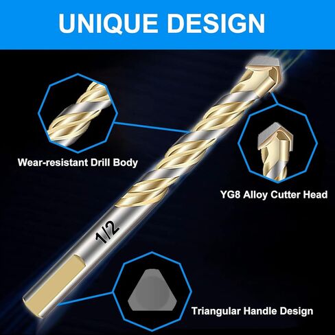 10 قطع من ريش البناء مجموعة لقطع الحفر الزجاجية لبلاط السيراميك والبورسلين مرآة البلاستيك الرخام مع رؤوس كربيد القوة بأحجام - 1/8، 5/32، 3/16، 1/4، 5/16، 3/8، 1/2 بوصة، ذهبي in Kuwait