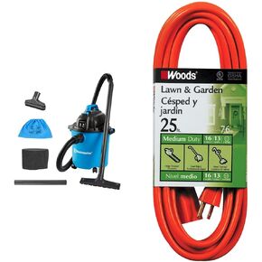 Vacmaster VJC507P 5 جالون* 3 ذروة HP** مكنسة كهربائية للمتجر الرطب/الجاف، أزرق، 5 جالون وودز 267 16/3 للخدمة الشاقة في الهواء الطلق، سترة فينيل مرنة مقاومة للماء، سلك تمديد 3 شعب، 25 قدم، بوش، برتقالي in Kuwait