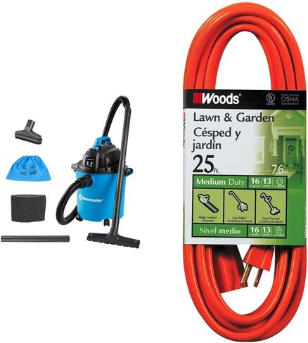 Vacmaster VJC507P 5 جالون* 3 ذروة HP** مكنسة كهربائية للمتجر الرطب/الجاف، أزرق، 5 جالون وودز 267 16/3 للخدمة الشاقة في الهواء الطلق، سترة فينيل مرنة مقاومة للماء، سلك تمديد 3 شعب، 25 قدم، بوش، برتقالي in Kuwait