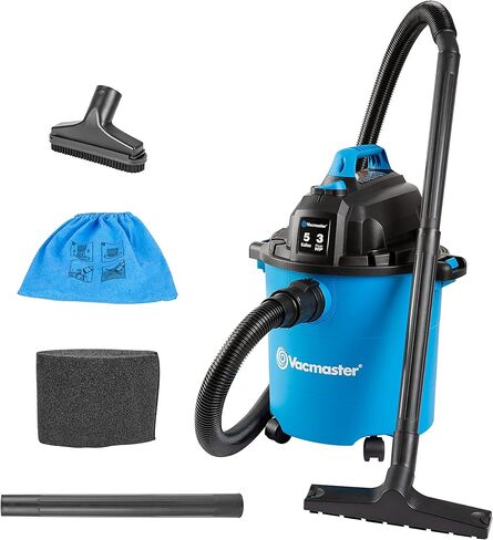 Vacmaster VJC507P 5 جالون* 3 ذروة HP** مكنسة كهربائية للمتجر الرطب/الجاف، أزرق، 5 جالون وودز 267 16/3 للخدمة الشاقة في الهواء الطلق، سترة فينيل مرنة مقاومة للماء، سلك تمديد 3 شعب، 25 قدم، بوش، برتقالي in Kuwait
