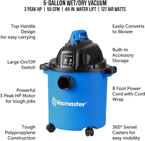 Vacmaster VJC507P 5 جالون* 3 ذروة HP** مكنسة كهربائية للمتجر الرطب/الجاف، أزرق، 5 جالون وودز 267 16/3 للخدمة الشاقة في الهواء الطلق، سترة فينيل مرنة مقاومة للماء، سلك تمديد 3 شعب، 25 قدم، بوش، برتقالي in Kuwait