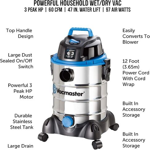 Vacmaster VJC507P 5-Gallon* 3 Peak HP** Wet/Dry Shop Vacuum, Blue, 5 gal & Woods 267 16/3 Outdoor Heavy Duty, Waterproof Flexible Vinyl Jacket, 3-Pronged, 25-Foot Extension Cord, Bush, Orange in Saudi Arabia
