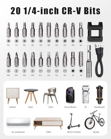 مفك براغي كهربائي، مجموعة مفكات طاقة لاسلكية قابلة لإعادة الشحن مع بطارية 2000 مللي أمبير في الساعة، 3.7 فولت، 4 مصابيح LED، كابل USB-C، 20 قطعة لقمة، أوتوماتيكي ويدوي، عزم دوران عالي 2.5 نيوتن متر in Kuwait