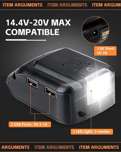 محول بطارية لبطارية DeWAlT14.4v-18v-20v، شاحن هاتف USB، مصباح 3 وات، بديل لـ DCB090، مصابيح LED تشير إلى سعة البطارية، أسود in Kuwait