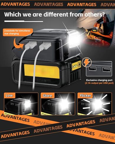 محول بطارية لبطارية DeWAlT14.4v-18v-20v، شاحن هاتف USB، مصباح 3 وات، بديل لـ DCB090، مصابيح LED تشير إلى سعة البطارية، أسود in Kuwait